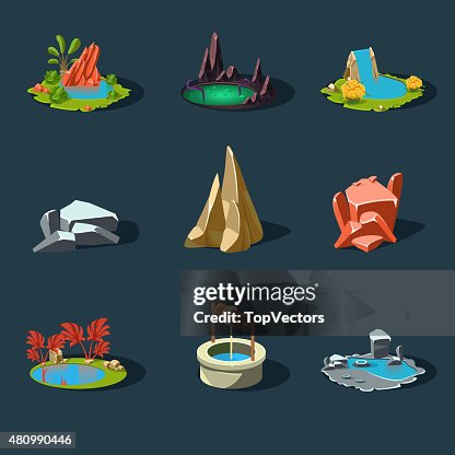 Lake Rocks Vector Elements Landscape Rocks Water Well Waterfall Lake Vector Illustration ...