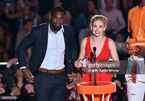 Player DeMarco Murray and U.S. Olympic figure skater Gracie Gold speak onstage at the Nickelodeon Kids' Choice Sports Awards 2015 at UCLA's Pauley...