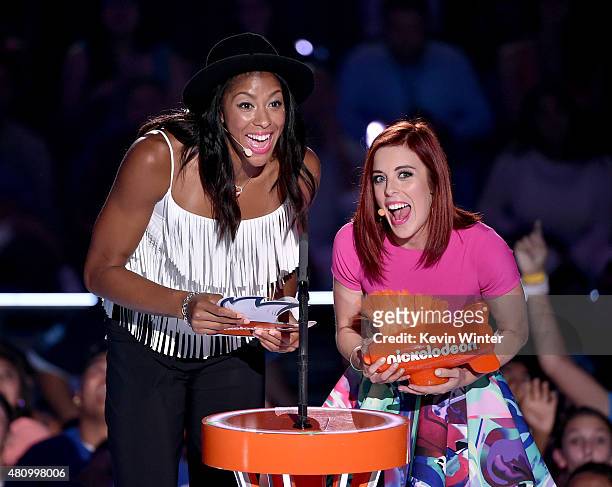 Player Candace Parker and figure skater Ashley Wagner speak onstage at the Nickelodeon Kids' Choice Sports Awards 2015 at UCLA's Pauley Pavilion on...