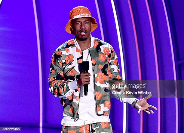Personality Nick Cannon speaks onstage at the Nickelodeon Kids' Choice Sports Awards 2015 at UCLA's Pauley Pavilion on July 16, 2015 in Westwood,...