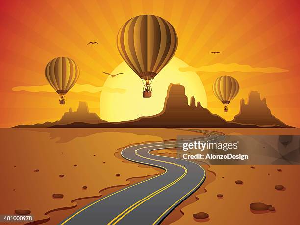 hot air balloon travel - desert road trip stock illustrations