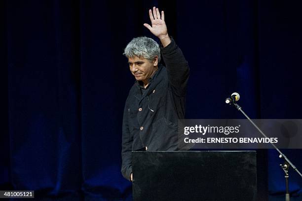 Spanish writer Juan Bonilla, winner of the I Biennial Prize for Novel Mario Vargas Llosa award with his book "Prohibido entrar sin pantalones" waves...