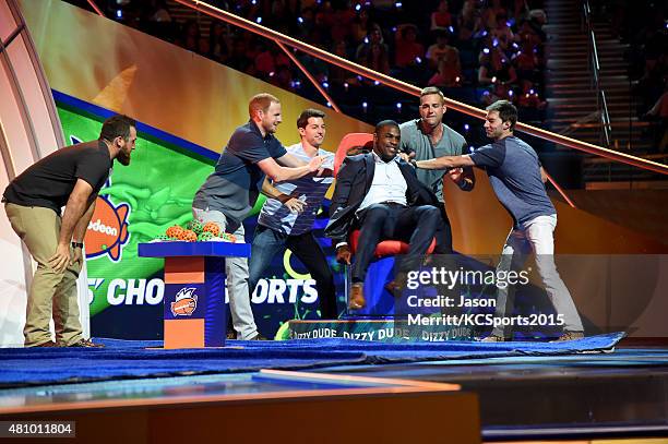 Player DeMarco Murray plays a game onstage at the Nickelodeon Kids' Choice Sports Awards 2015 at UCLA's Pauley Pavilion on July 16, 2015 in Westwood,...