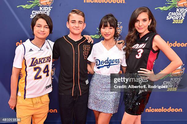 Actors Rio Mangini, Buddy Handleson, Haley Tju and Lilimar attend the Nickelodeon Kids' Choice Sports Awards 2015 at UCLA's Pauley Pavilion on July...