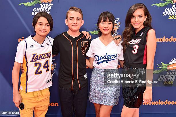Actors Rio Mangini, Buddy Handleson, Haley Tju and Lilimar attend the Nickelodeon Kids' Choice Sports Awards 2015 at UCLA's Pauley Pavilion on July...