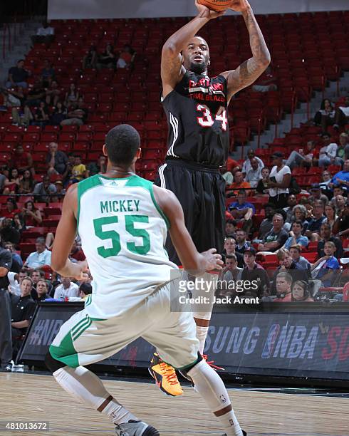 Arnett Moultrie of the Portland Trail Blazers shoots against the Boston Celtics during the game on July 16, 2015 at the Thomas & Mack Center, Las...