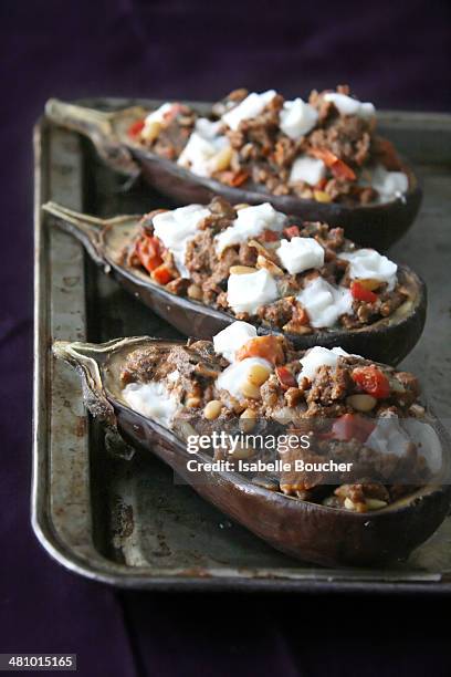 stuffed baby eggplants - stuffing stock pictures, royalty-free photos & images