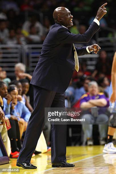 Michael Cooper Head Coach of the Atlanta Dream coaching his team against the Los Angeles Sparks in WNBA game at Staples Center on July 16, 2015 in...