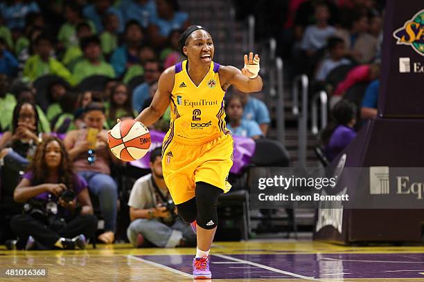Temeka Johnson of the Los Angels Sparks handles the ball against the Atlanta Dream in WNBA game at Staples Center on July 16, 2015 in Los Angeles,...