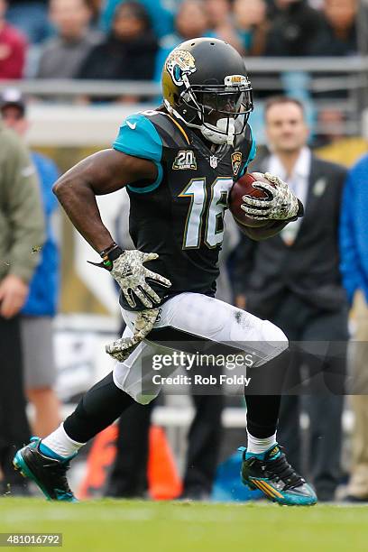 Denard Robinson of the Jacksonville Jaguars in actions during the game against the Houston Texansat EverBank Field on December 7, 2014 in...