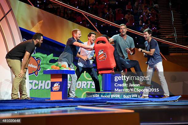 Player DeMarco Murray plays a game onstage at the Nickelodeon Kids' Choice Sports Awards 2015 at UCLA's Pauley Pavilion on July 16, 2015 in Westwood,...