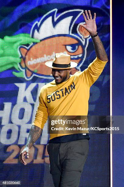 Player Carmelo Anthony speaks onstage at the Nickelodeon Kids' Choice Sports Awards 2015 at UCLA's Pauley Pavilion on July 16, 2015 in Westwood,...