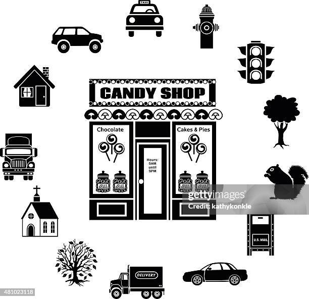 candy store surrounded by urban themed circular icon border - delivery van front stock illustrations