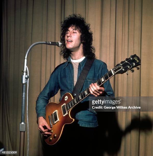 British rock musician Peter Green, of the group Fleetwood Mac, performs, London, England, late 1960s or early 1970s.
