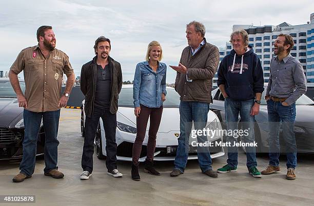 Shane Jacobson, Richard Hammond, Riana Crehan, Jeremy Clarkson, James May and Steve Pizzati during a press event on July 17, 2015 in Perth, Australia.