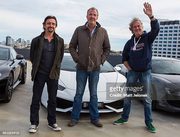 Richard Hammond, Jeremy Clarkson and James May during a press event on July 17, 2015 in Perth, Australia.