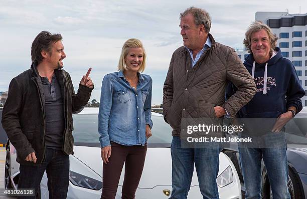 Richard Hammond, Riana Crehan, Jeremy Clarkson and James May during a press event on July 17, 2015 in Perth, Australia.