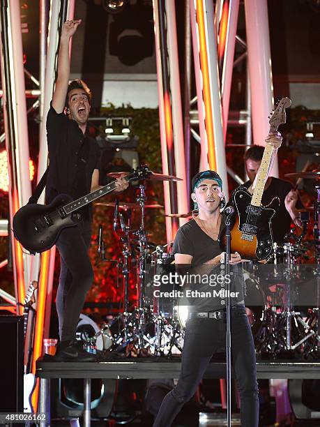 Guitarist Jack Barakat and singer/guitarist Alex Gaskarth of All Time Low perform during the MTV Fandom Fest San Diego Comic-Con at PETCO Park on...