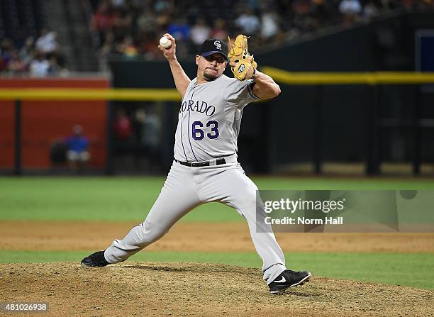 Rafael Betancourt of the Colorado Rockies delivers a pitch against the Arizona Diamondbacks at Chase Field on July 2, 2015 in Phoenix, Arizona.