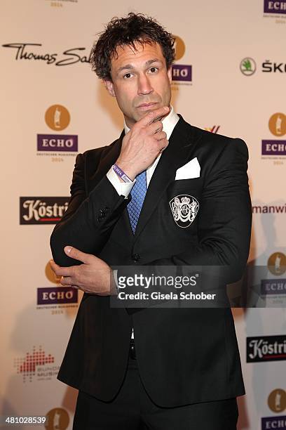 Jared 'Evil' Hasselhoff of the band Bloodhound Gang poses on the red carpet prior the Echo award 2014 at Messe Berlin on March 27, 2014 in Berlin,...