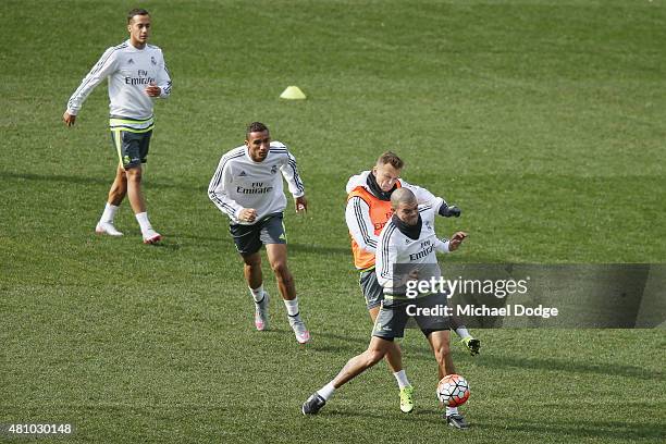 Pepe of Real Madrid competes for the ball during a Real Madrid training session at Melbourne Cricket Ground on July 17, 2015 in Melbourne, Australia.