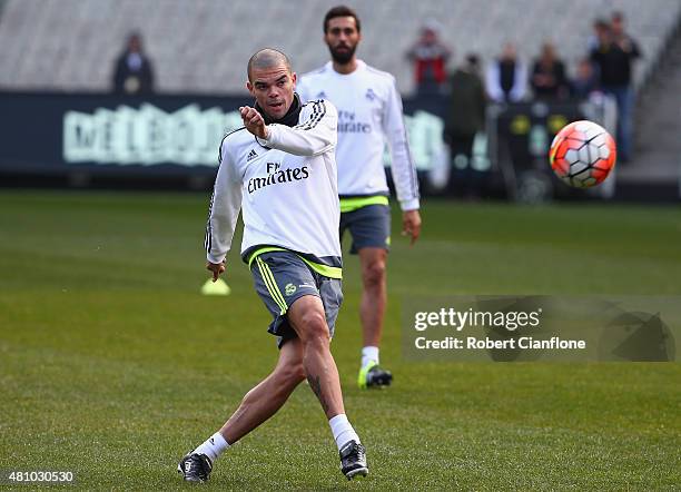 Pepe of Real Madrid kicks the ball during a Real Madrid training session at Melbourne Cricket Ground on July 17, 2015 in Melbourne, Australia.