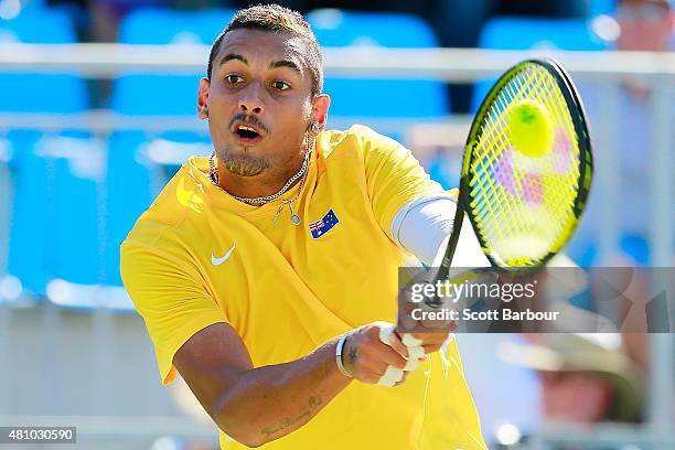 Nick Kyrgios of Australia plays a backhand in his singles match against Aleksandr Nedovyesov of Kazakhstan during day one of the Davis Cup World...