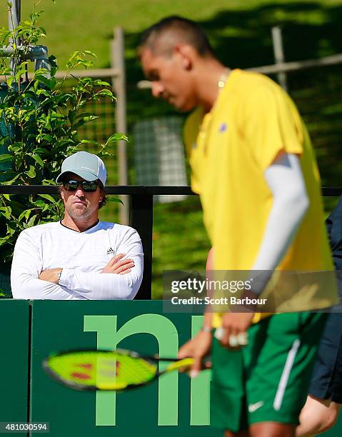 Pat Rafter looks on from courtside as Nick Kyrgios of Australia reacts in his match against Aleksandr Nedovyesov of Kazakhstan during day one of the...