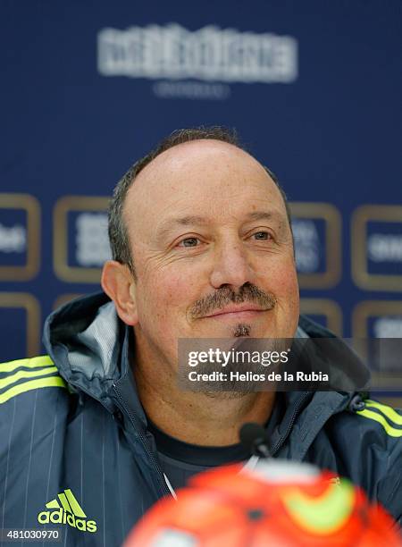 Real Madrid Head Manager Rafa Benitez speaks to media after a Real Madrid training session at Melbourne Cricket Ground on July 17, 2015 in Melbourne,...