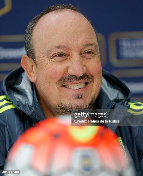 Real Madrid Head Manager Rafa Benitez speaks to media after a Real Madrid training session at Melbourne Cricket Ground on July 17, 2015 in Melbourne,...