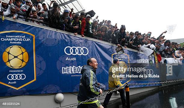 Head coach Rafa Benitez of Real Madrid arrives for a Real Madrid training session at Melbourne Cricket Ground on July 17, 2015 in Melbourne,...