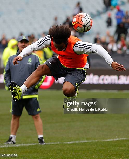 Marcelo of Real Madrid in action during a training session at City Football Academy training ground on July 17, 2015 in Melbourne, Australia.