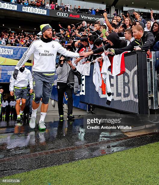 Sergio Ramos of Real Madrid during a Real Madrid training session at Melbourne Cricket Ground on July 17, 2015 in Melbourne, Australia.
