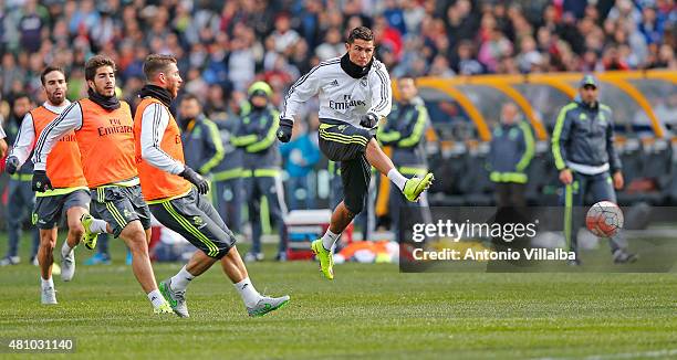 Cristiano Ronaldo of Real Madrid during a Real Madrid training session at Melbourne Cricket Ground on July 17, 2015 in Melbourne, Australia. )