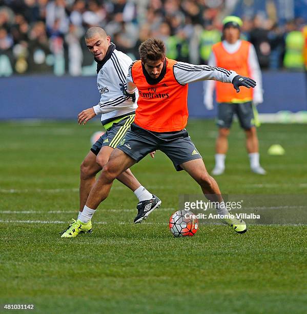 Lucas Silva and Pepe of Real Madrid during a Real Madrid training session at Melbourne Cricket Ground on July 17, 2015 in Melbourne, Australia.