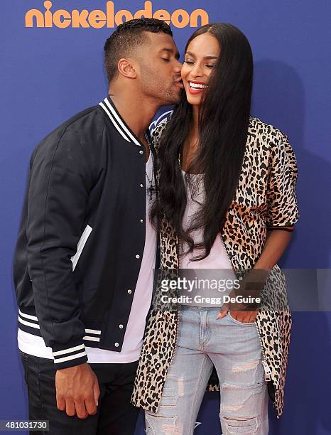 Player Russell Wilson and singer Ciara arrive at the Nickelodeon Kids' Choice Sports Awards 2015 at UCLA's Pauley Pavilion on July 16, 2015 in...