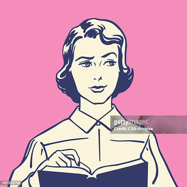 ilustraciones, imágenes clip art, dibujos animados e iconos de stock de mujer perpleja con libro - mujer leyendo