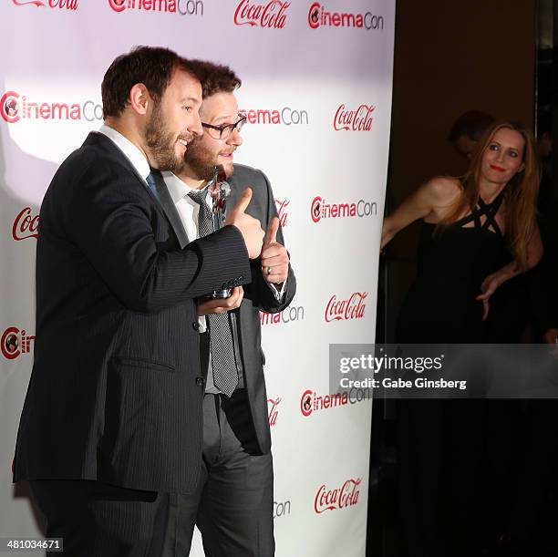 Comedy Filmmakers of the Year award winners, director Evan Goldberg and actor and comedian Seth Rogen pose for photos as Comedy Star of the Year...