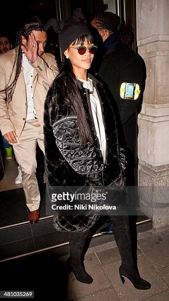 Rihanna is seen leaving Novikov restaurant, Mayfair on March 27, 2014 in London, England.
