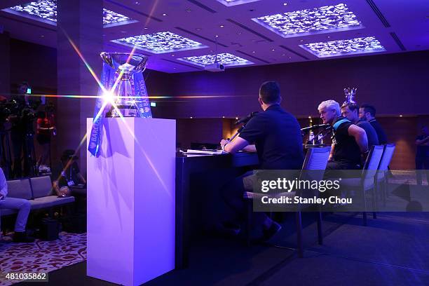 Mark Hughes Manager of Stoke City speaks to the media during a Barclays Asia Trophy press conference at the Grand Hyatt Hotel on July 17, 2015 in...