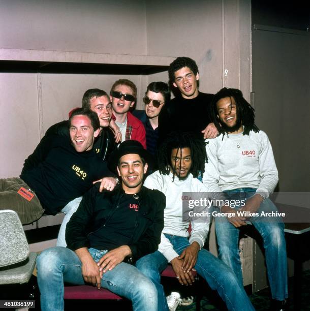 Portrait of British reggae and pop band UB40, London, England, 1983.