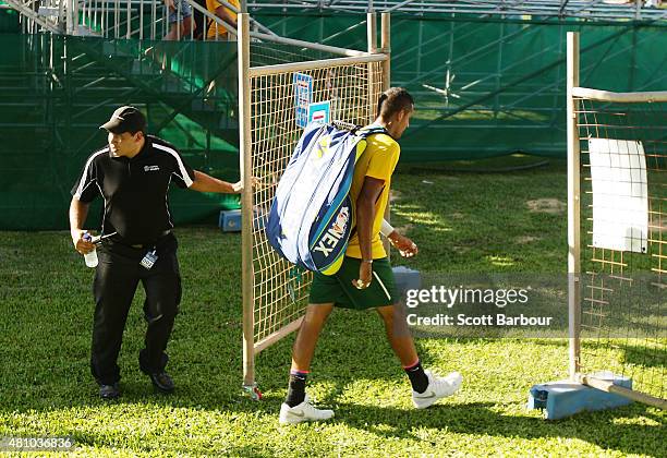 Nick Kyrgios of Australia leaves the arena after losing his match against Aleksandr Nedovyesov of Kazakhstan during day one of the Davis Cup World...