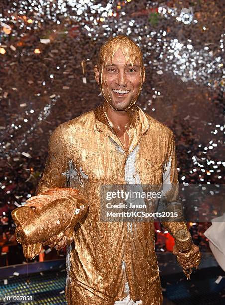 Legend Award recipient Derek Jeter gets covered in gold slime onstage at the Nickelodeon Kids' Choice Sports Awards 2015 at UCLA's Pauley Pavilion on...