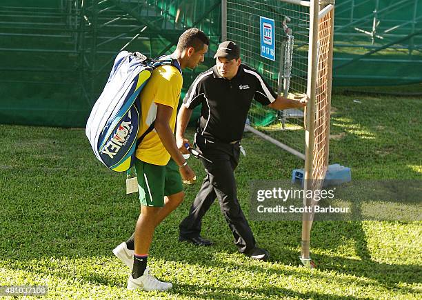 Nick Kyrgios of Australia leaves the arena after losing his match against Aleksandr Nedovyesov of Kazakhstan during day one of the Davis Cup World...