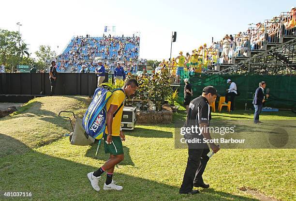 Nick Kyrgios of Australia leaves the arena after losing his match against Aleksandr Nedovyesov of Kazakhstan during day one of the Davis Cup World...