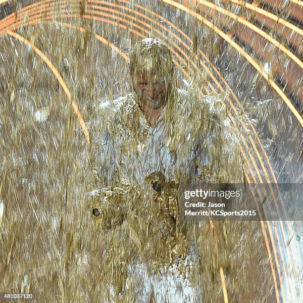 Legend Award recipient Derek Jeter gets covered in gold slime onstage at the Nickelodeon Kids' Choice Sports Awards 2015 at UCLA's Pauley Pavilion on...