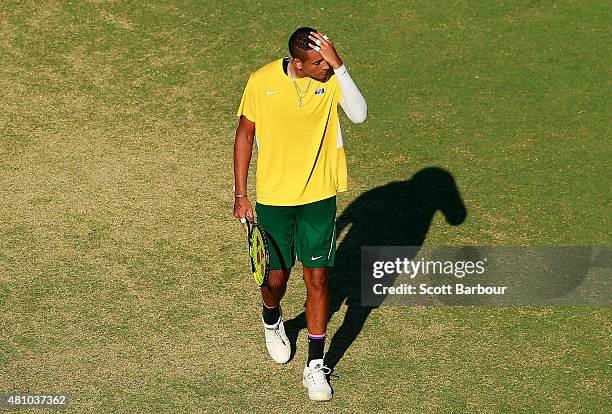 Nick Kyrgios of Australia reacts in his match against Aleksandr Nedovyesov of Kazakhstan during day one of the Davis Cup World Group quarterfinal tie...