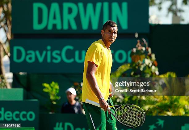Nick Kyrgios of Australia reacts as he loses a game against Aleksandr Nedovyesov of Kazakhstan during day one of the Davis Cup World Group...