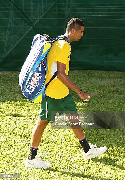 Nick Kyrgios of Australia leaves the arena after losing his match against Aleksandr Nedovyesov of Kazakhstan during day one of the Davis Cup World...