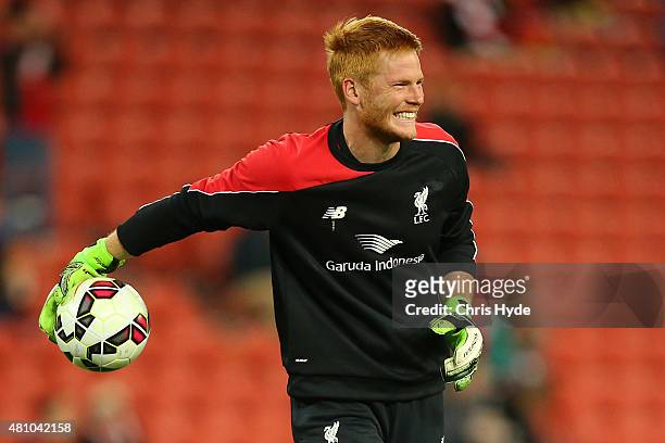 Adam Bogdan of Liverpool FC warms up ahead of the international friendly match between Brisbane Roar and Liverpool FC at Suncorp Stadium on July 17,...